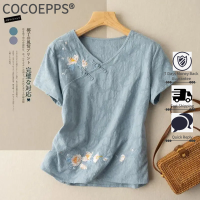 COCOEPPS เสื้อสเวตเตอร์ถักลายพร้อมหัวเข็มขัดแผ่นดิสก์คอตตอนและเสื้อยืดลินินสตรีเสื้อเบลาส์ผ้าลินินวรรณกรรมย้อนยุคบาง2023ใหม่ฤดูใบไม้ผลิและฤดูร้อนปักลายสำหรับผู้หญิง