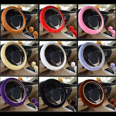 ✚ 3Pcs Soft Plush Spring Steering Wheel Cover Kit With Stop Lever Hand Brake Wool Cover Winter Warm Auto Car Interior Accessory