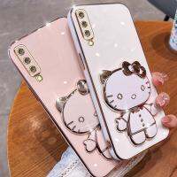 Folding Makeup Mirror Phone Case For Samsung Galaxy A7 2018 A750  Case Fashion Cartoon Cute Cat Multifunctional Bracket Plating TPU Soft Cover Casing