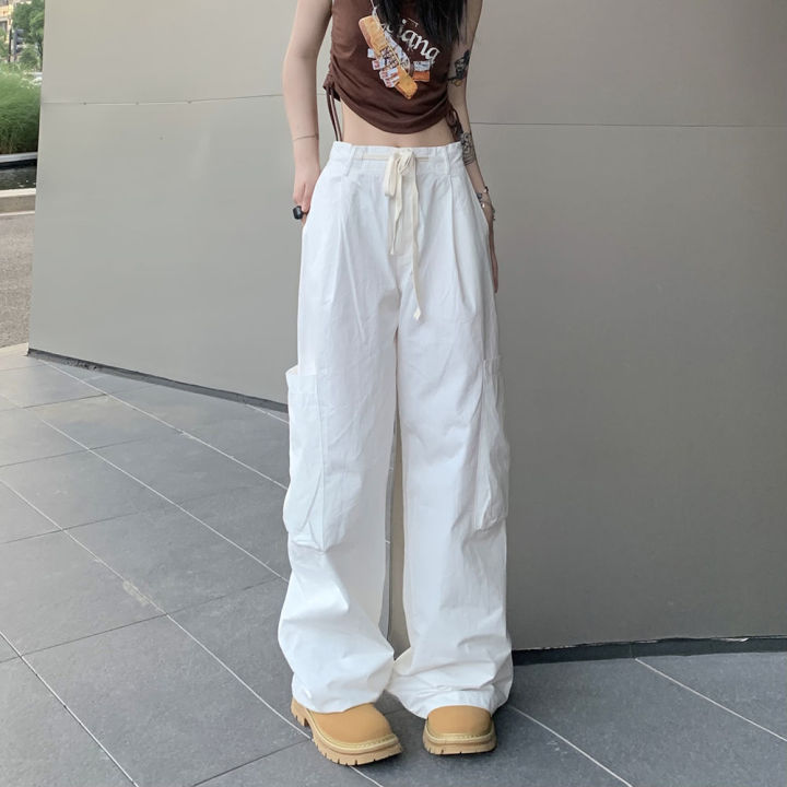 กางเกงขาม้าลำลองสตรีทแวร์สไตล์ฮาราจูกุ-กางเกงขายาวโอเวอร์ไซส์-y2k-กางเกงวินเทจกางเกงขาทรงกระบอกพื้น