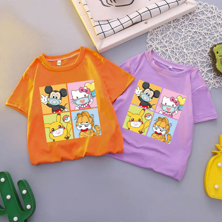 เสื้อผ้าเด็กแฟนชั่น-เสื้อยืดแขนสั้นเด็กหญิงและเสื้อยืดแขนสั้นเด็กชาย-ลายการ์ตูนน่ารัก-ผ้านุ่มใส่สบายมี10สีให้เลือก-h262
