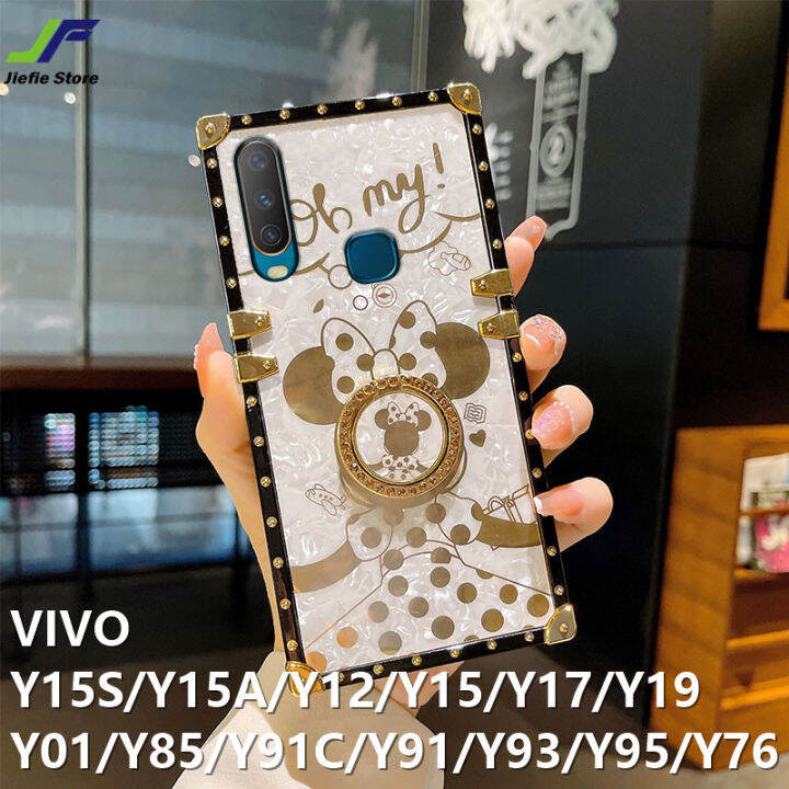 jiefie-สแควร์เคสโทรศัพท์หรูหราสำหรับ-vivo-y16-y15s-y15a-y12-y15-y17-y19-y01-y85-y91c-y91-y93-y95-y76-การ์ตูนน่ารัก-minnie-คู่กรณี-chrome-เงานุ่มฝาครอบโทรศัพท์-tpu-ขาตั้งแหวน