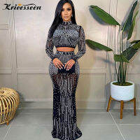 Kricesseen y Mesh Hot Drilling See Through Skirt Set Women Crystal Long Sleeve Top And Maxi Skirt Suits Clubwear Outfits