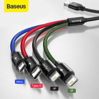 Baseus พอร์ตสาย USB In1 4พอร์ต IP + ไมโคร USB + Type-C สำหรับ Iphone 13 12 Pro Max XS Vivo Samsung Oppo S10 S9 Huawei Mate 40 Pro สายชาร์จเร็วสำหรับ Xiaomi Realme