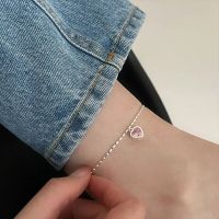 กำไลมือ HiGuangGou De Cheville En Argent 925สเตอร์ลิง Véritable สำหรับผู้หญิง Chaîne De Perles Ovales En Crostal Rose Avec Ceur,Accessoires Bijoux Sur La Jambe