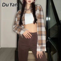 Du Yan เสื้อปักลายสก๊อต Cewek Seksi แขนยาว-แจ็คเก็ตบางเสื้อเอวลอย2023ดีไซน์ใหม่