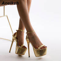 Aneikeh 2022 Summer Women Shoes Sandals Ankle-Wrap Sequins Patent Leather Fashion Platform Thin Heels Nightclub Shoes Party Gold