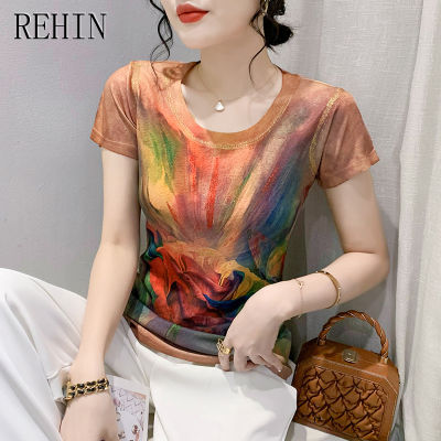 REHIN เสื้อยืดผู้หญิงแฟชั่นใหม่ฤดูร้อนพิมพ์ลายสีปั๊มร้อนแขนสั้นเข้ารูปพอดีฐาน S-3XL