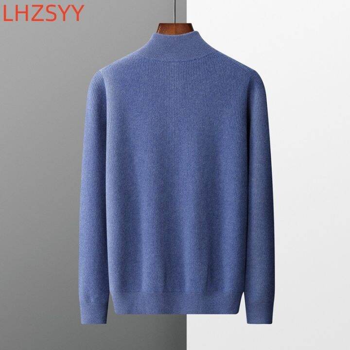 lhzsyy-คาร์ดิแกนผ้าแคชเมียร์ถักชายวัยกลางคน-เสื้อโค้ทมีซิปคอปก100-ขนสัตว์แท้ฤดูใบไม้ร่วงฤดูหนาวหนาเสื้อกันหนาวสำหรับผู้ชาย