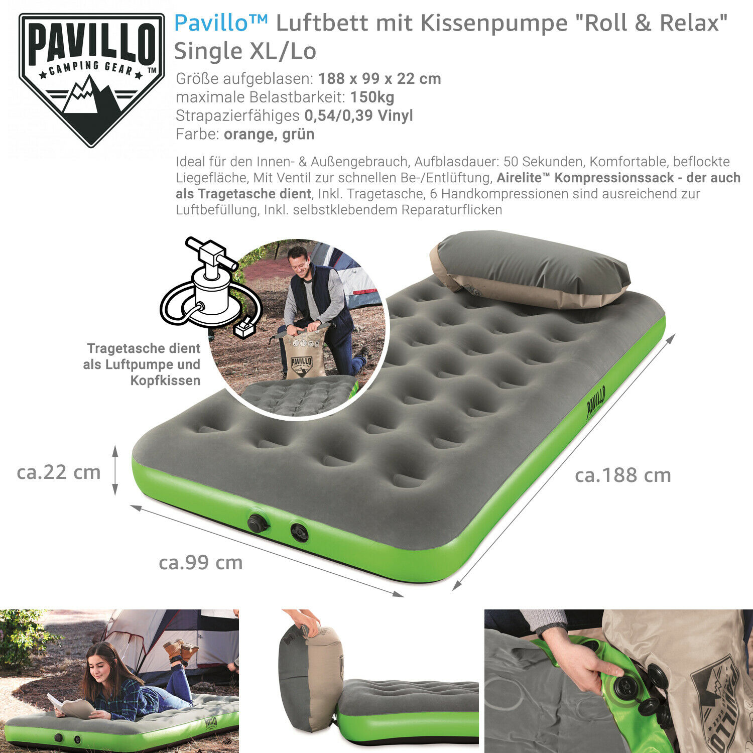 Pavillo Roll & Relax Single Bed Air Bed with Cushion/Compression Pump 188 x 99 x 22 cm 