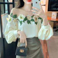 COD dhdfxcz Embroidered Floral Shirt Chic Pretty Shirt Women Tops Ladies Anti Permeability Gauze Splicing Satin Embroidered Shirt New Style Blouse