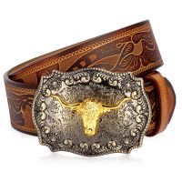 BISON DENIM Vintage Western Belt Longhorn Bull Buckle Mens Belts Fashion Punk Embossed Split Leather Male Belt For Jeans 2023