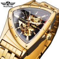 ZZOOI Winner Golden Stainless Steel Watch Steampunk Swiss Design Mens Triangle Skeleton Transparent Automatic Mechanical Male Watches