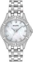 Bulova Ladies Classic Stainless Steel 3-Hand Quartz Watch, Diamond Dial and Bezel with White Mother-of-Pearl Dial Style: 96R233