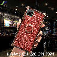 JieFie Realme C21 / C20 / C11 2021 / C53 / C55/C11เพชร2020แวววาวเคสโทรศัพท์หรูสี่เหลี่ยมฝาปิดโทรศัพท์หนังอ่อนพร้อมขาตั้งแหวน