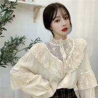 Fashion Stand Collat Ladies Tops Autumn Women Blouses Korean Sweet Loose Clothes Lace Up Ruffled Vintage Lace Shirts Women 11335