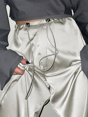 ต่ำเพิ่มขึ้นกางเกงคาร์โก้ซาตินกางเกงลำลองผู้หญิงแฟชั่น Drawstring ถุงสีเทากางเกงที่สง่างาม Streetwear ฮาราจูกุวินเทจ