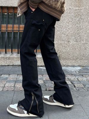 กางเกงยีนส์ซิปผ่าข้างสำหรับแฟชั่นของผู้ชายกางเกงยีนส์ทรงหลวม S-4XL กางเกงขายาวสีดำ