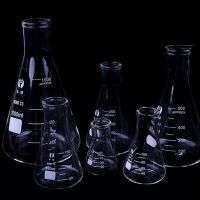 Erlenmeyer ขวดปากแคบทรงกรวยสามเหลี่ยมขวดแก้วอุปกรณ์ทางห้องปฏิบัติการทางเคมี1ชิ้น50มล. ถึง1000มล.