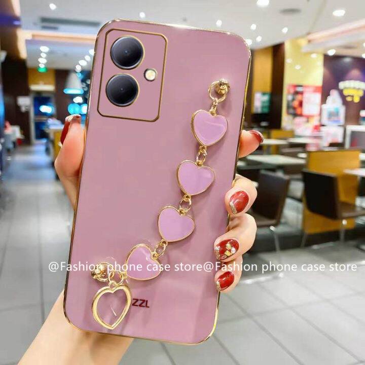 เคสโทรศัพท์-vivo-y27-4g-5g-2023-phone-case-เคส-vivo-y78-5g-หรูหราสีสันลูกกวาดเคสนิ่มซิลิโคนพร้อมสร้อยข้อมือรูปหัวใจ