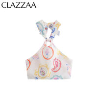 Clazzaa เสื้อคล้องคอโชว์หลังมีซิปสำหรับผู้หญิง,เสื้อครอปสไตล์วินเทจผูกคอพิมพ์ลายแฟชั่นสำหรับผู้หญิง