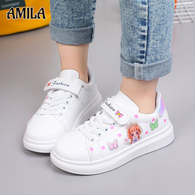 AMILA รองเท้าเด็กสีขาวเด็กผู้หญิงอายุ3-12ปีนักเรียนรองเท้าผ้าใบลำลองแบนรองเท้าสนีกเกอร์ด้านบนต่ำหนัง