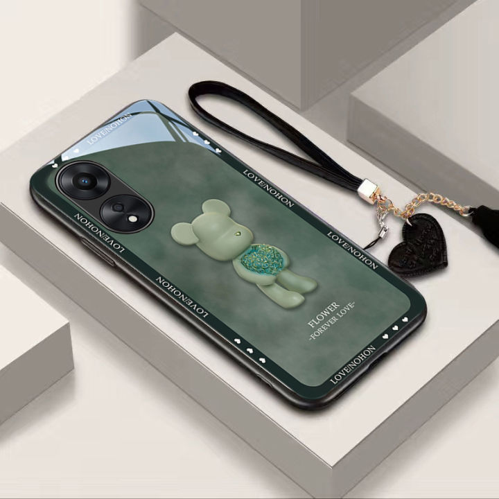 oppo-reno-เคสโทรศัพท์8t-5g-ฝาปิดเคสกระจกนิรภัยลายหมีลูกบอลลายดอกไม้น่ารักสำหรับเลนส์กล่องกันกระแทกป้องกันกล้องพร้อมสายคล้องสายคล้องมือหัวใจน่ารัก