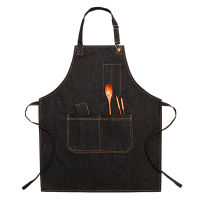 Solid Denim Chef Pocket Pinafore Cafe Shop Cooking Baking Women Apron House Cleaning Canvas Master Apron For Kitchen Accessories