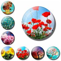 Fridge Stickers Magnet Life Tree Poppy Message Holder Print Painting Glass Round Retro Art Flower Magnetic Sticker Home Decor