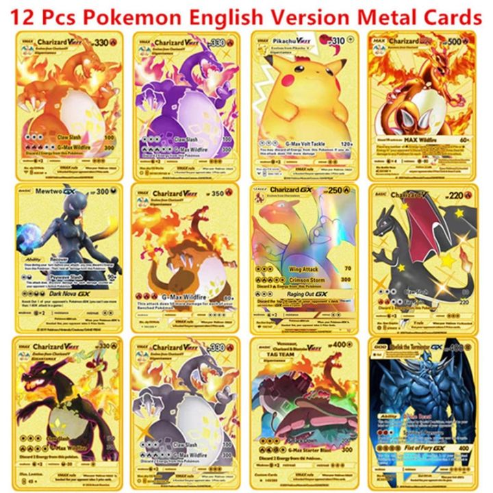 การ์ดโลหะโปเกมอน6-12ชิ้น-เซ็ตเวอร์ชันภาษาอังกฤษสเปนภาพอนิเมะ-charizard-pikachu-pocket-monster-การซื้อขายการต่อสู้การ์ดของเล่น