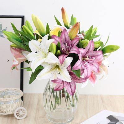 Two Flowers and One Bud Single Lily Artificial Flower Wedding Decoration Home Hotel Restaurant Office Outdoor Garden Decoration
