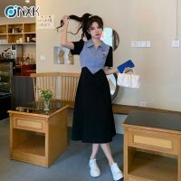 Ruo Bei Xuan Dress Women POLO Collar Contrast Color Design Slit New Slim Dress High Waist Long And Short Black Casual Green Sweet Blue Fashion Student Daily Date