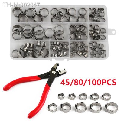 ㍿ 45/80/100pcs Single Ear Stepless Hose Clamps 1PC Hose Clip Clamp Pliers 304 Stainless Steel Hose Clamps Pipe Clamp Kit