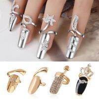 {BUSA Fashion Accessories} อินเทรนด์ Rhinestone โลหะเย็นปลายนิ้วเล็บแหวนสำหรับผู้หญิงปรับส่องแสงเกราะแหวนสาวพรรคแต่งงานเล็บเครื่องประดับ