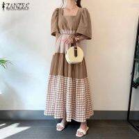 ZANZEA Women Casual Short Sleeve Grid Patchwork Square Collar Maxi Dress