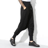 [EAM] 2022 Spring New Fashion Black Solid Drawstring Pockets Causal Loose Big Size Women High Waist Harem Pants RA224