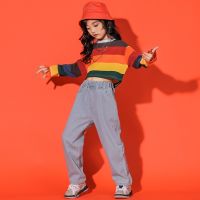 [COD] Boys hip-hop girls suit trendy striped jeans hiphop Korean version of childrens dance costumes