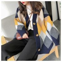 Women Loose V-neck Knitted Cardigan Sweater Korean Single-breasted Pockets Outerwear Tops  Harajuku Plaid Print Sweaters Top