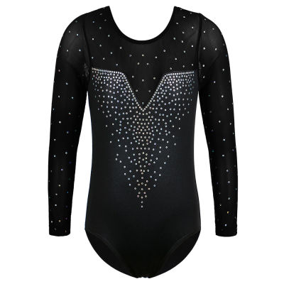 BAOHULU Black Sequins Girls Leotards for Gymnastics Mesh Long Sleeve Jumpsuit Ballet Bodysuit Kids Athletics Training Costume