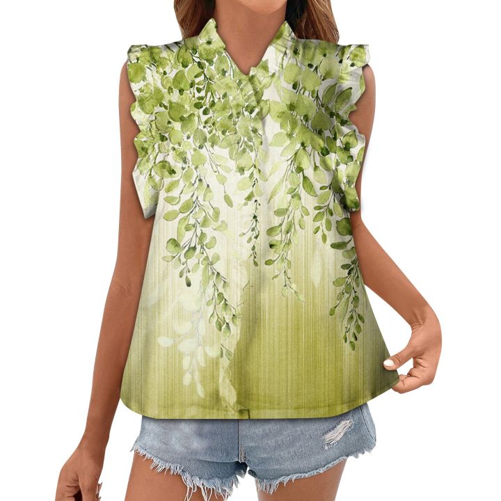 เสื้อผู้หญิงเสื้อยืดคอวีแขนกุดลำลองพิมพ์ลายดอกไม้ฤดูร้อน