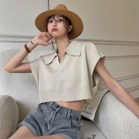 【Ready Stock】 xiaozhainv Korean womens lapel slim casual short knitted T-shirt top