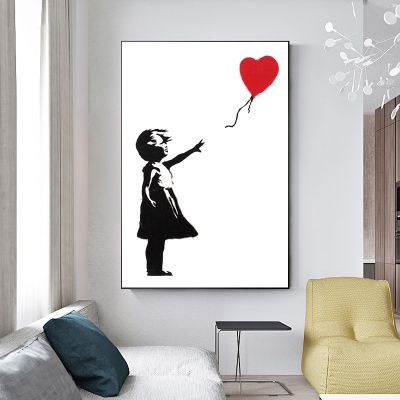 สาวบอลลูนสีแดง Banksy Graffiti Art ภาพวาดผ้าใบ-สีดำและสีขาว Wall Art โปสเตอร์สำหรับห้องนั่งเล่น Home Decor