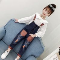 [COD] Girls net red suit 2023 new Korean version of foreign style spring and autumn medium big childrens denim straps regular two-length