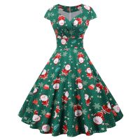 Womens Fashion Christmas V-Neck Short Sleeve Print Fashion Big Swing Dress