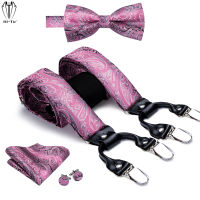 Luxury 100 Silk Mens Suspenders Set 6 Clips Vintage Braces for Men Pink Purple Paisley Flower Suspender Bow Tie Hanky Cufflinks