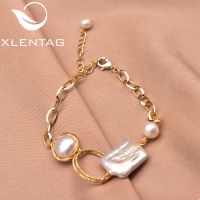 Xlentag Metal Geometric Baroque Natural Pearl 18K Gold Plated Brass Bracelet Women Holiday Luxury Exquisite Gift Jewelry GB0973