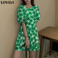 VONDA เสื้อยืดคอกลมลำลองขนาดเล็กอเนกประสงค์ของผู้หญิง,ชุดเดรสพิมพ์ลายลายดอกไม้แขนพองสั้น (ลำลองเกาหลี)