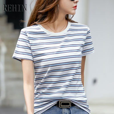 REHIN เสื้อยืดคอกลมแขนลำลองขาสั้นสำหรับผู้หญิง,เสื้อยืดคอกลมลายทางอเนกประสงค์ทรงหลวมแฟชั่นสไตล์เกาหลีแบบใหม่ฤดูร้อน