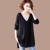 Brand discount counter withdrawal large size fake two-piece knitted sweater T-shirt womens mid-length Korean version loose top spring and autumn