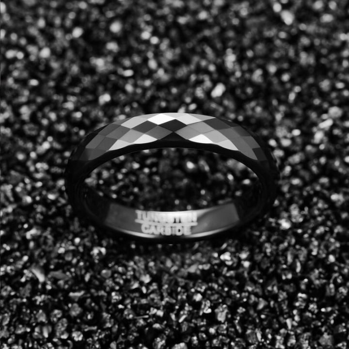 แหวนแต่งงานทรงสี่เหลี่ยมขนมเปียกปูนขัดเงาสีดำแหวนแร่ทังสเตนทังสเตนขนาด4มม-คุณภาพทังสเตนสะดวกสบายพอดีแหวนเหล็ก